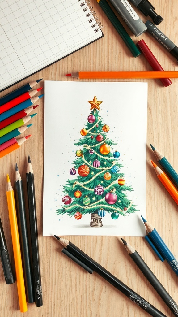 A hand-drawn Christmas card with a decorated tree, surrounded by drawing supplies.